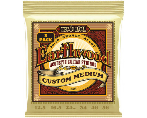 ERNIE BALL 3005 Earthwood 80/20 Bronze Custom Medium 3 Pack 12.5-56 - Струны для акустической гитары