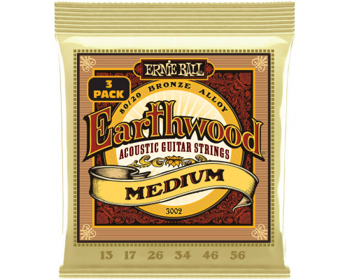 ERNIE BALL 3002 Earthwood 80/20 Bronze Medium 3 Pack 13-56 - Струны для акустической гитары